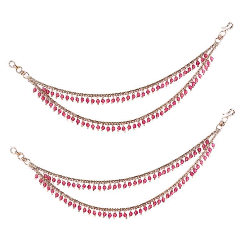 Dazzling 2 string pink pearl gold plated set of 2 brass ear-chain (kaanchain) for women and girls