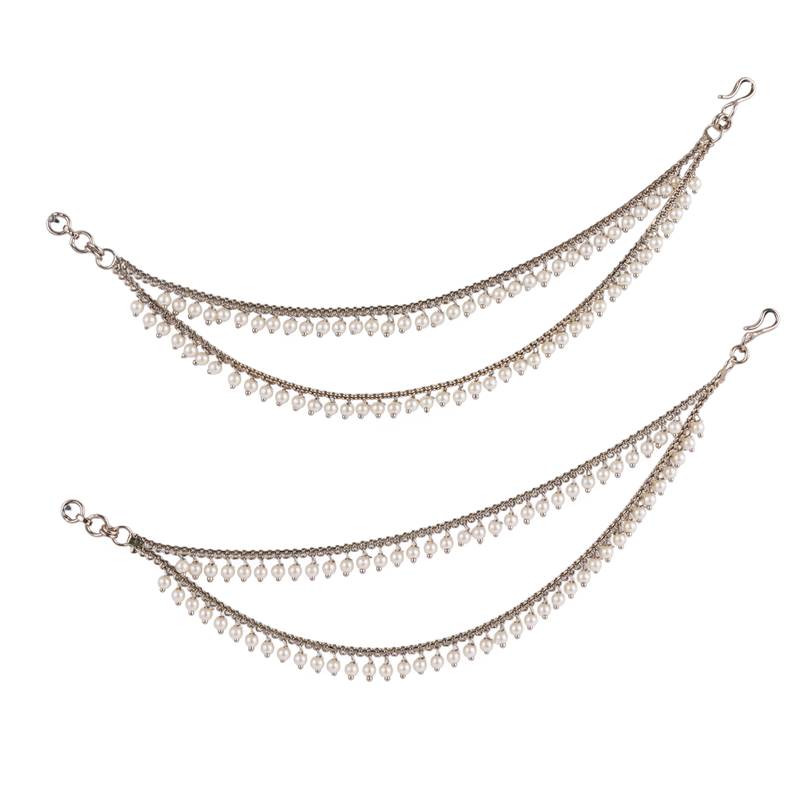 Dazzling 2 string white pearl gold plated set of 2 brass ear-chain (kaanchain) for women and girls