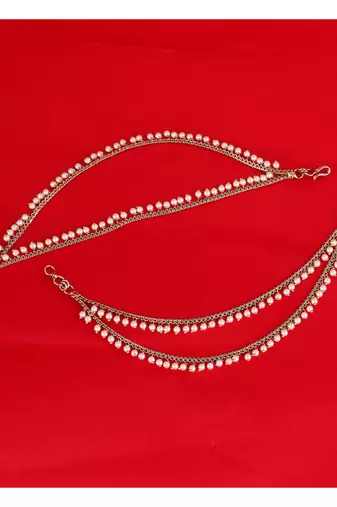 Dazzling 2 string white pearl gold plated set of 2 brass ear-chain (kaanchain) for women and girls