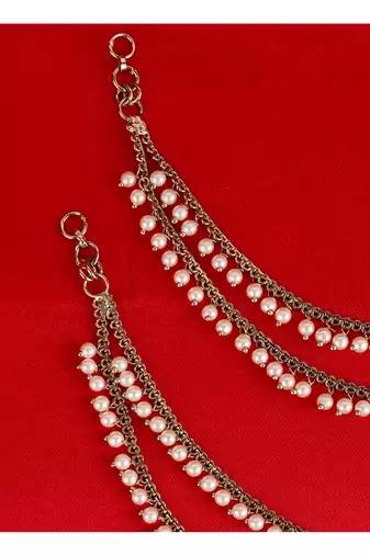 Dazzling 2 string white pearl gold plated set of 2 brass ear-chain (kaanchain) for women and girls