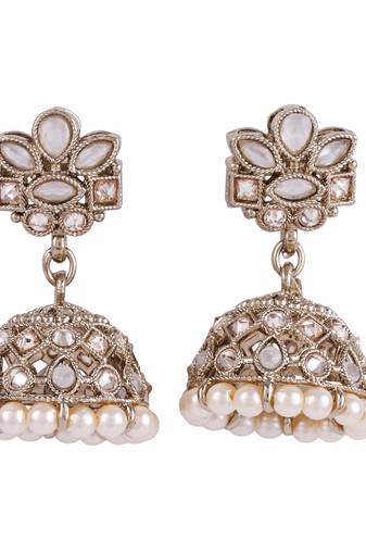 Amazing flower design white uncut kundan stone antique gold plated jhumki earring for women
