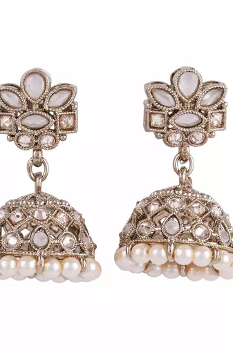 Amazing flower design white uncut kundan stone antique gold plated jhumki earring for women