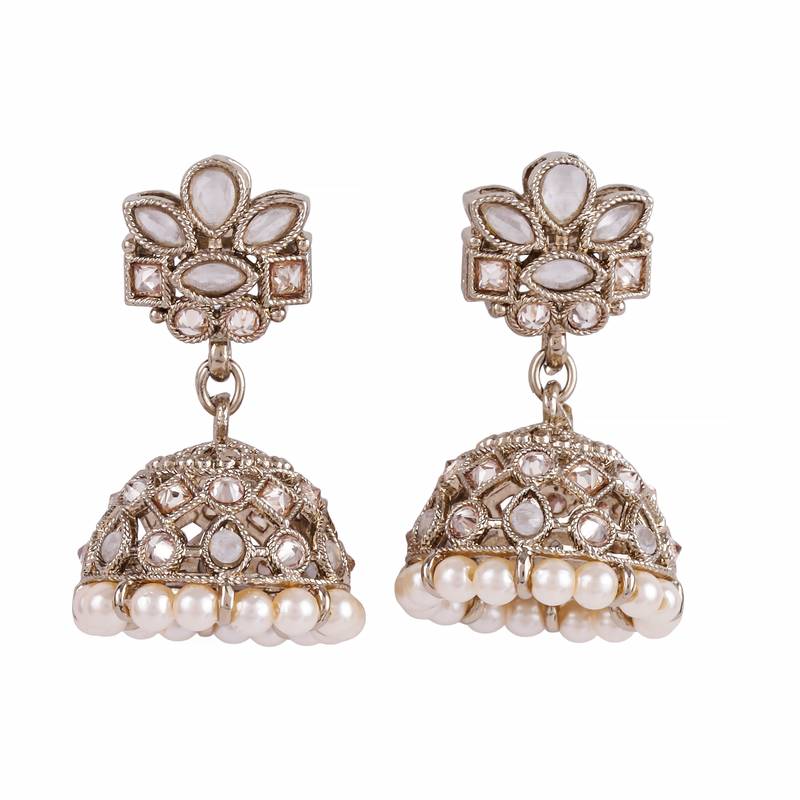 Amazing flower design white uncut kundan stone antique gold plated jhumki earring for women