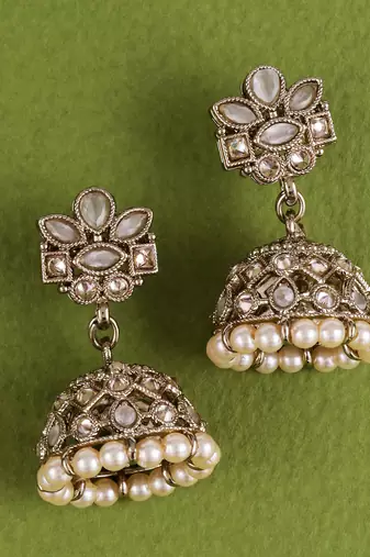 Amazing flower design white uncut kundan stone antique gold plated jhumki earring for women