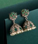 Appealing flower design green uncut kundan stone antique gold plated jhumki earring for women