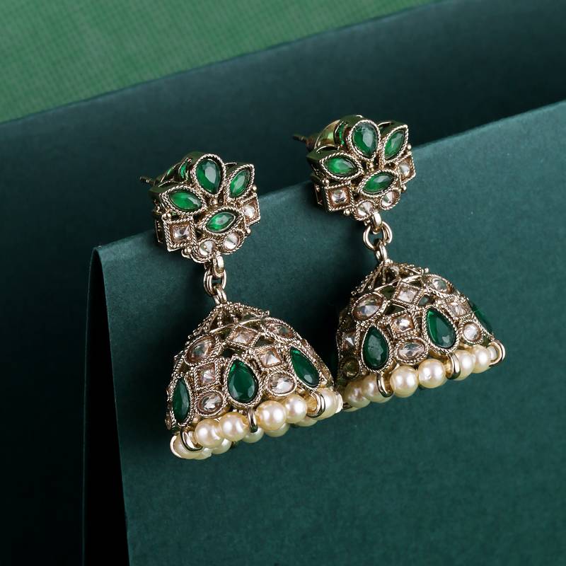 Appealing flower design green uncut kundan stone antique gold plated jhumki earring for women