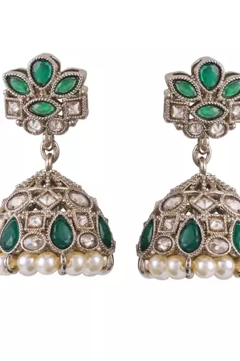 Appealing flower design green uncut kundan stone antique gold plated jhumki earring for women