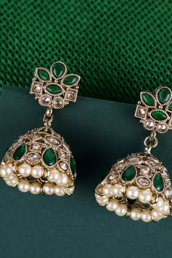 Appealing flower design green uncut kundan stone antique gold plated jhumki earring for women