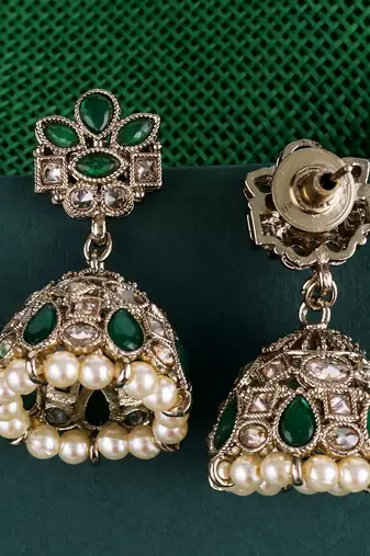 Appealing flower design green uncut kundan stone antique gold plated jhumki earring for women