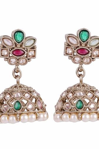 Astonish flower design multi uncut kundan stone antique gold plated jhumki earring for women