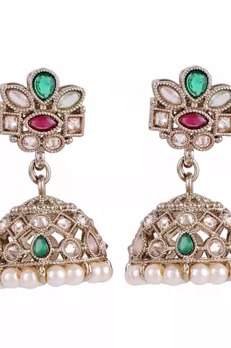 Astonish flower design multi uncut kundan stone antique gold plated jhumki earring for women