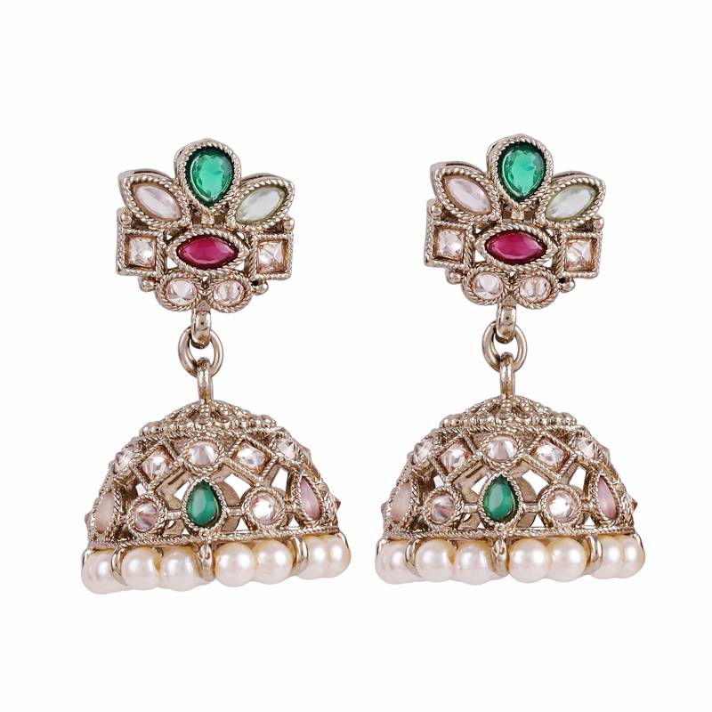 Astonish flower design multi uncut kundan stone antique gold plated jhumki earring for women