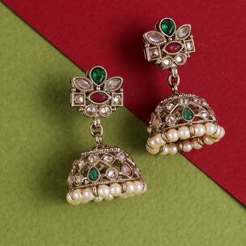 Astonish flower design multi uncut kundan stone antique gold plated jhumki earring for women 2