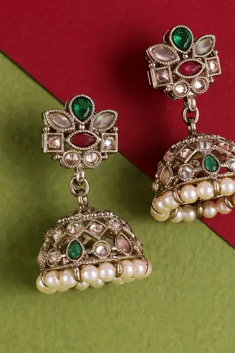 Astonish flower design multi uncut kundan stone antique gold plated jhumki earring for women
