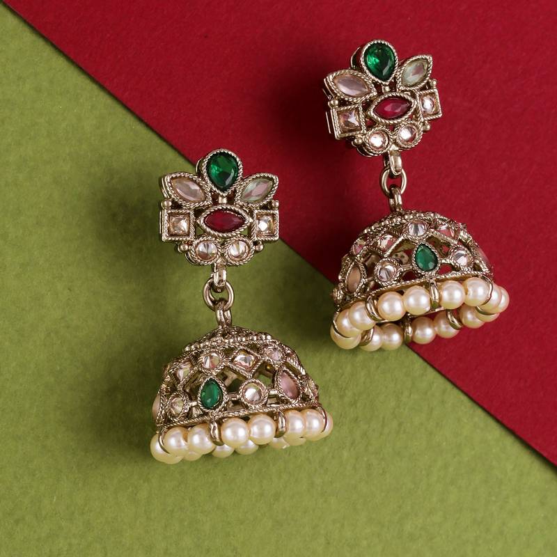 Astonish flower design multi uncut kundan stone antique gold plated jhumki earring for women