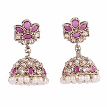 Attractive flower design pink uncut kundan stone antique gold plated jhumki earring for women 1