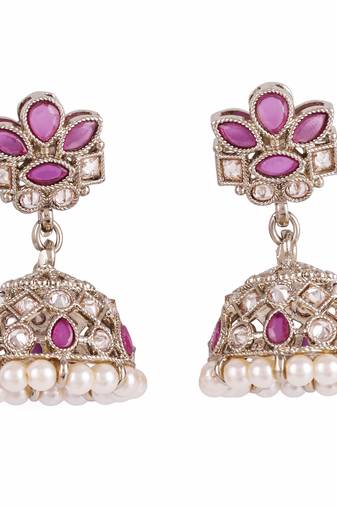 Attractive flower design pink uncut kundan stone antique gold plated jhumki earring for women