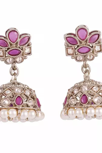 Attractive flower design pink uncut kundan stone antique gold plated jhumki earring for women