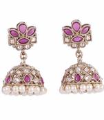 Attractive flower design pink uncut kundan stone antique gold plated jhumki earring for women
