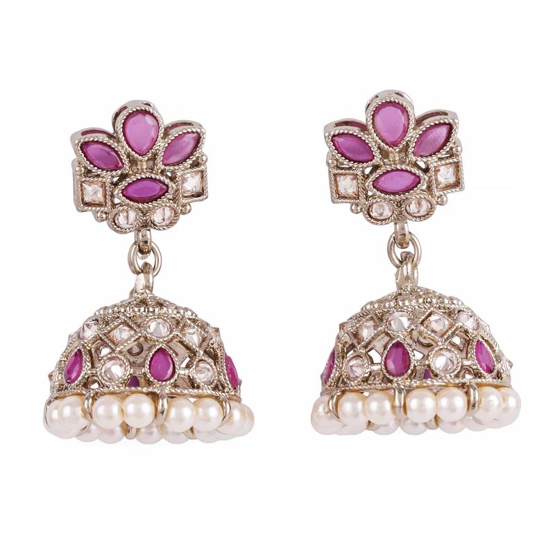 Attractive flower design pink uncut kundan stone antique gold plated jhumki earring for women