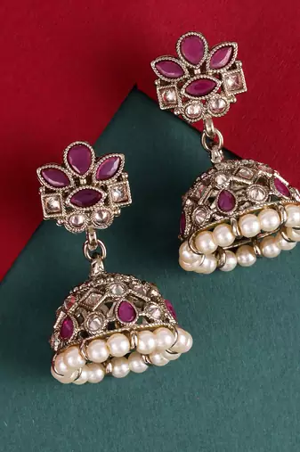 Attractive flower design pink uncut kundan stone antique gold plated jhumki earring for women
