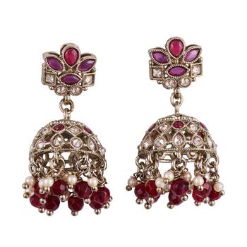 Beautiful flower design maroon uncut kundan stone antique gold plated jhumki earring for women 1