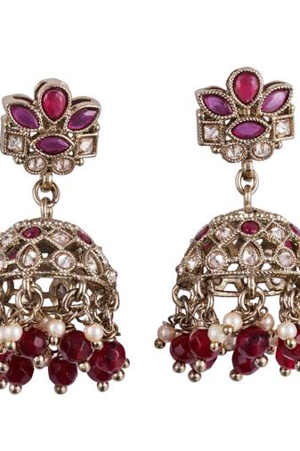 Beautiful flower design maroon uncut kundan stone antique gold plated jhumki earring for women