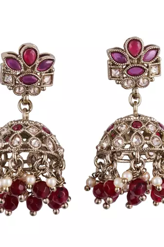 Beautiful flower design maroon uncut kundan stone antique gold plated jhumki earring for women