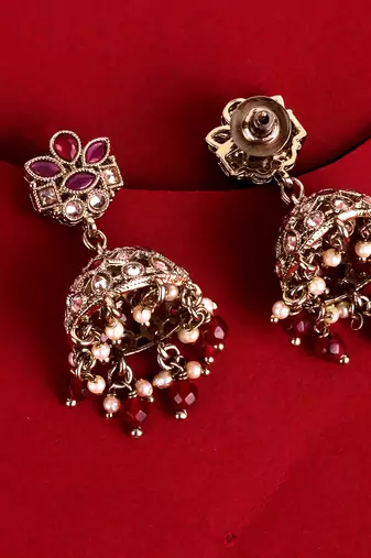 Beautiful flower design maroon uncut kundan stone antique gold plated jhumki earring for women