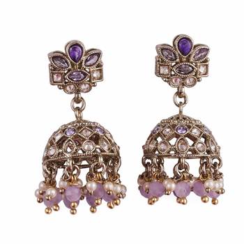 Brilliant flower design purple uncut kundan stone antique gold plated jhumki earring for women 1