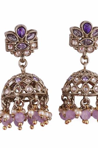 Brilliant flower design purple uncut kundan stone antique gold plated jhumki earring for women