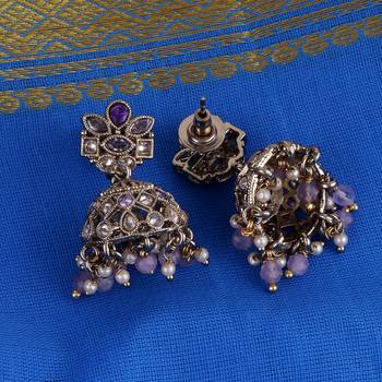 Brilliant flower design purple uncut kundan stone antique gold plated jhumki earring for women 2