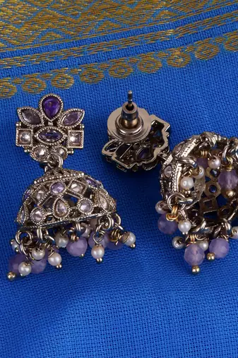 Brilliant flower design purple uncut kundan stone antique gold plated jhumki earring for women