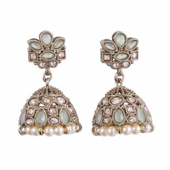 Charming flower design sky blue uncut kundan stone antique gold plated jhumki earring for women 1