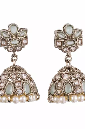 Charming flower design sky blue uncut kundan stone antique gold plated jhumki earring for women