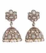 Charming flower design sky blue uncut kundan stone antique gold plated jhumki earring for women