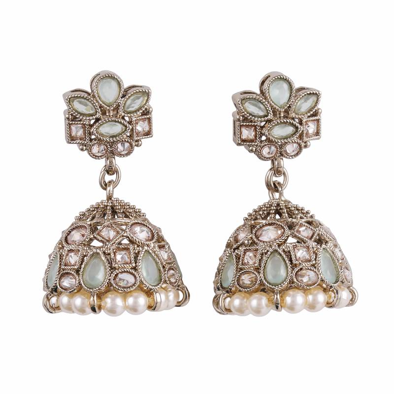 Charming flower design sky blue uncut kundan stone antique gold plated jhumki earring for women