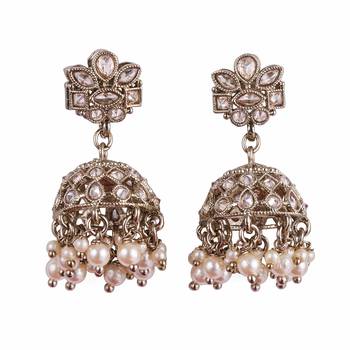 brown alloy jhumki earrings with flower kundan work 1
