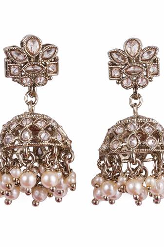 Classy flower design brown uncut kundan stone antique gold plated jhumki earring for women and girls
