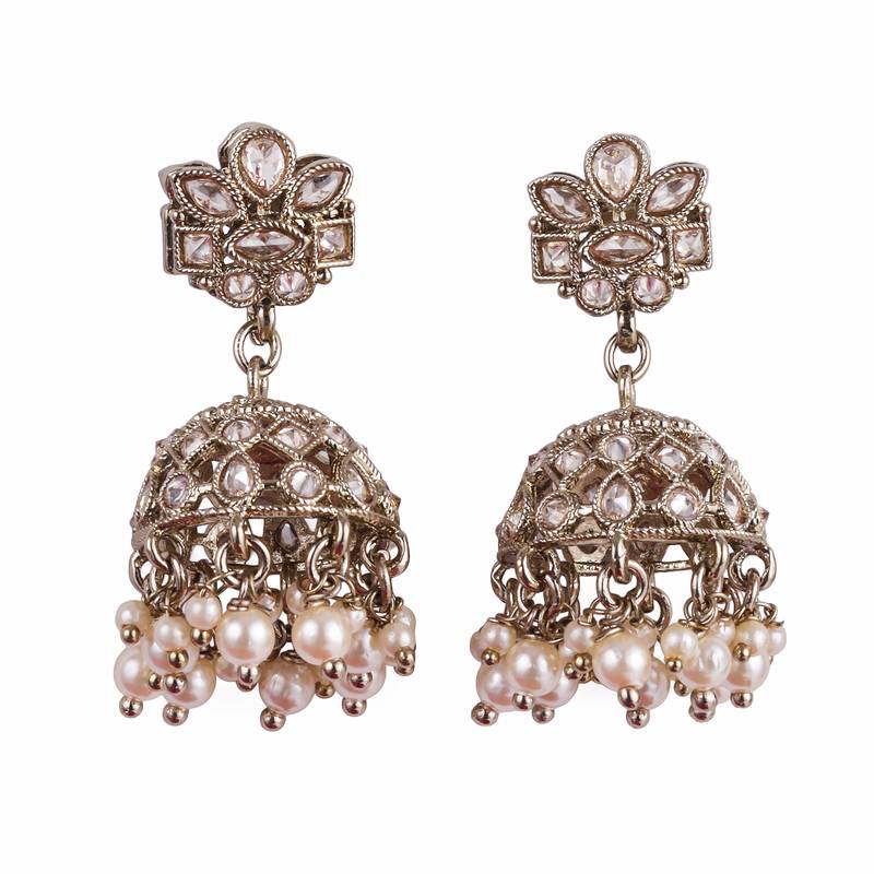 Classy flower design brown uncut kundan stone antique gold plated jhumki earring for women and girls