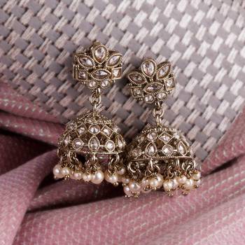 brown alloy jhumki earrings with flower kundan work 2