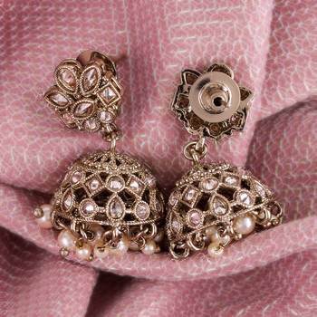 brown alloy jhumki earrings with flower kundan work 3