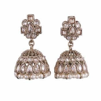 Delightful oval shape brown uncut kundan stone antique gold plated jhumki earring for women 1