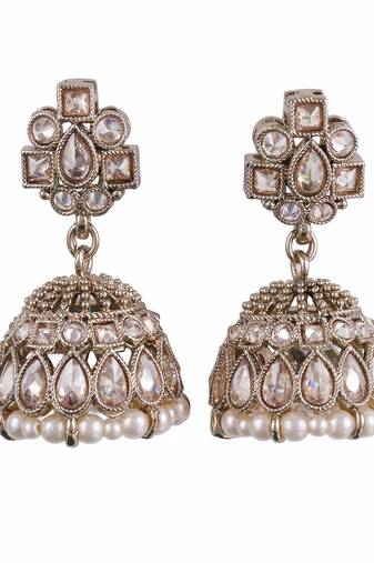 Delightful oval shape brown uncut kundan stone antique gold plated jhumki earring for women