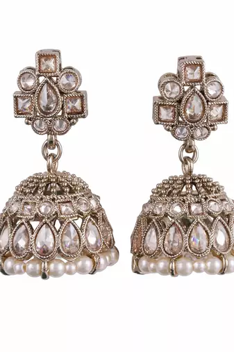 Delightful oval shape brown uncut kundan stone antique gold plated jhumki earring for women