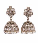 Delightful oval shape brown uncut kundan stone antique gold plated jhumki earring for women