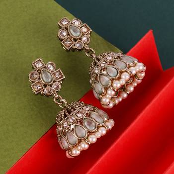 sky blue alloy jhumki with antique gold kundan stones 1