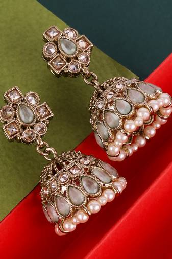 Designer oval shape sky blue uncut kundan stone antique gold plated jhumki earring for women