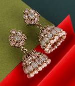 Designer oval shape sky blue uncut kundan stone antique gold plated jhumki earring for women