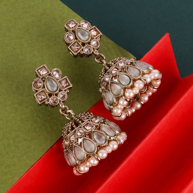 Designer oval shape sky blue uncut kundan stone antique gold plated jhumki earring for women